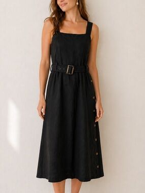Nicole Miller Black Linen Blend Midi Dress Belted Side Button Minimalist M